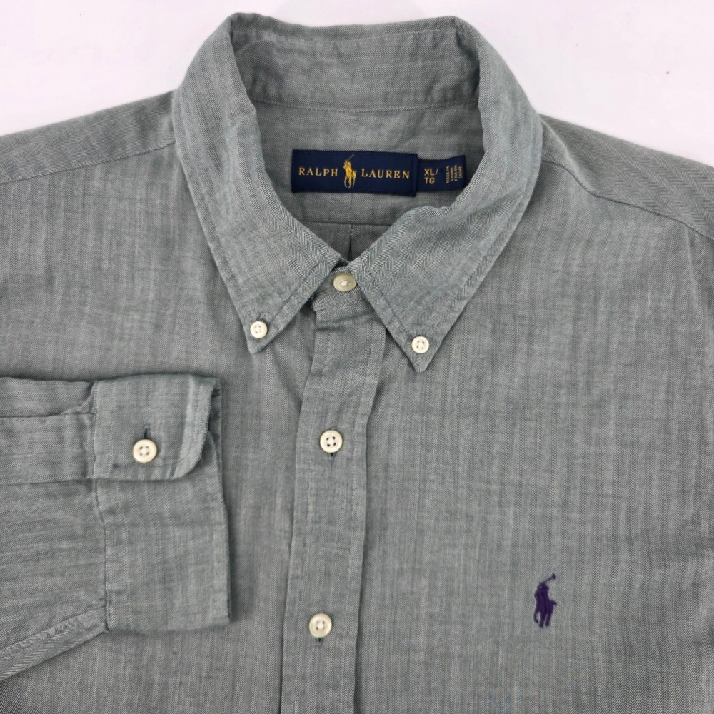 Ralph Lauren Mens XL Green Herringbone Button Down Shirt Long Sleeve Pony Logo